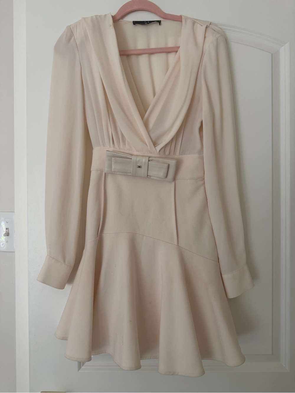 Elisabetta Franchi Long-Sleeve V-Neck Fit-and-Flare Dress with leather bow
